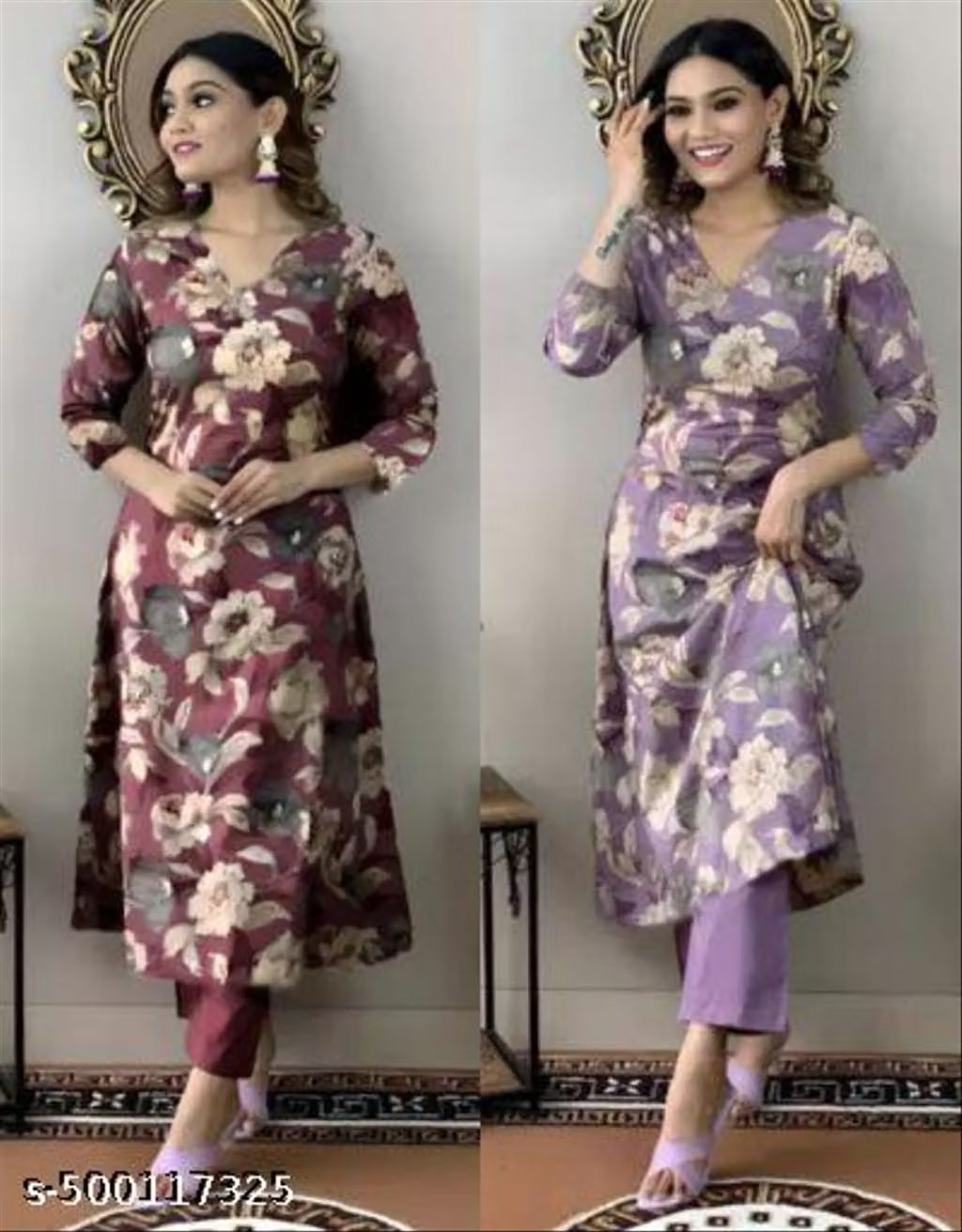 Women's Cotton Partywear Kurti with Pant Set (Pack of 2)
