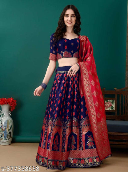 Navy Blue, Gold and Turquoise Banarasi Silk Work Lehenga Choli with Dupatta