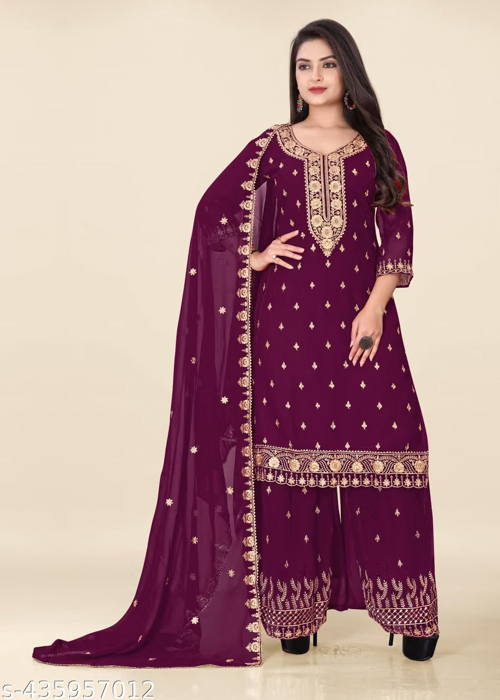 Zari & Sequin Embroidered Georgette Kurta Sharara Set with Dupatta