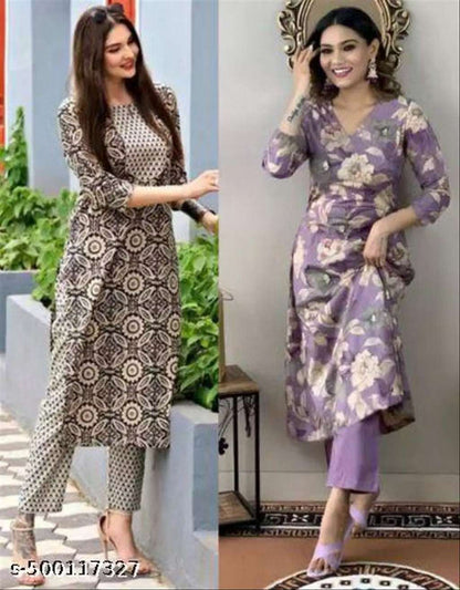Women's Cotton Partywear Kurti with Pant Set (Pack of 2)