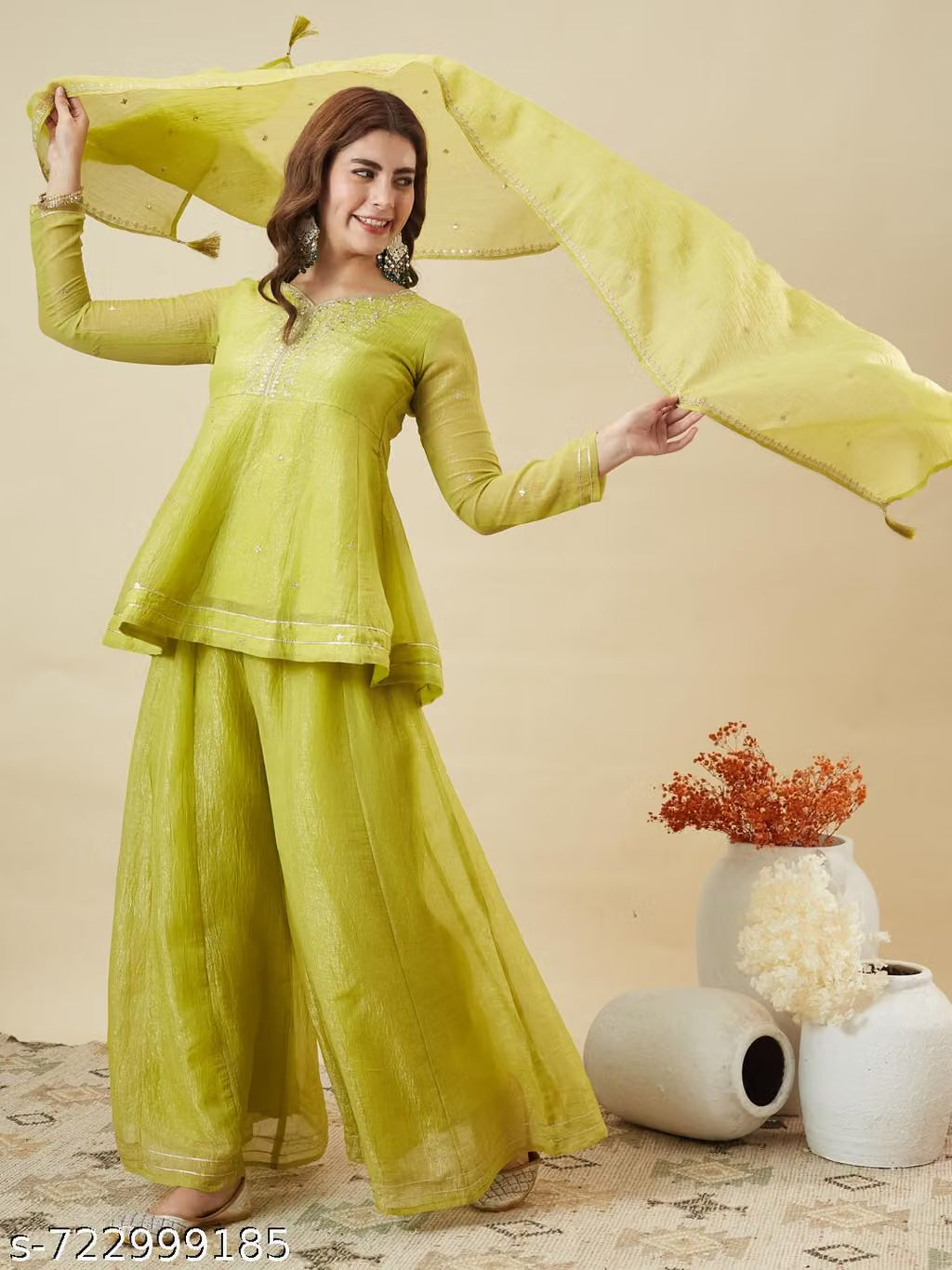 Silk Peplum Kurta & Palazzo Set with Zari Dupatta