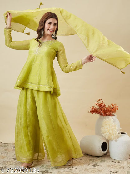 Silk Peplum Kurta & Palazzo Set with Zari Dupatta