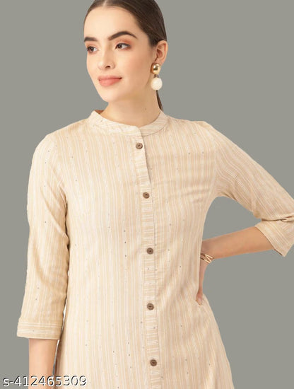 Sunainee Beige Cotton Striped Kurta Palazzo Set | Women's Ethnic Wear