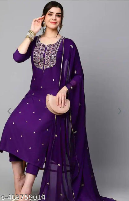 Violet Embroidered Cotton Kurta Set for Women – Trouser & Dupatta Included