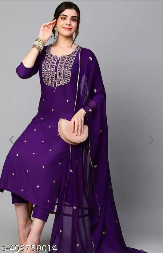 Violet Embroidered Cotton Kurta Set for Women – Trouser & Dupatta Included