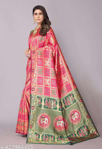 Women's Premium Cotton Silk Patola Inspired Zari Woven Saree with Brocade Blouse