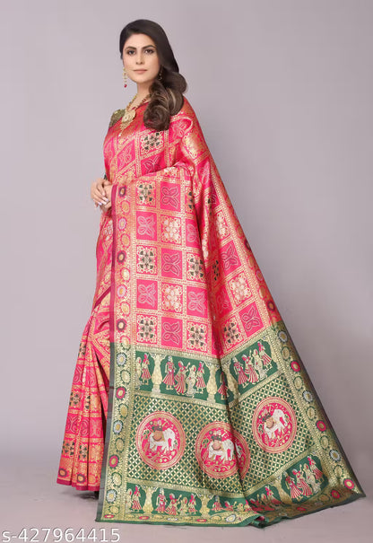 Women's Premium Cotton Silk Patola Inspired Zari Woven Saree with Brocade Blouse