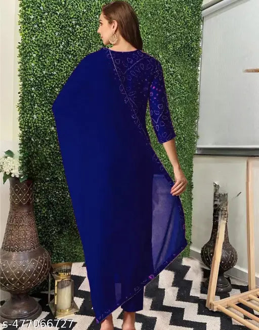Blue Ethnic Floral Printed Kurta with Pants and Dupatta - side